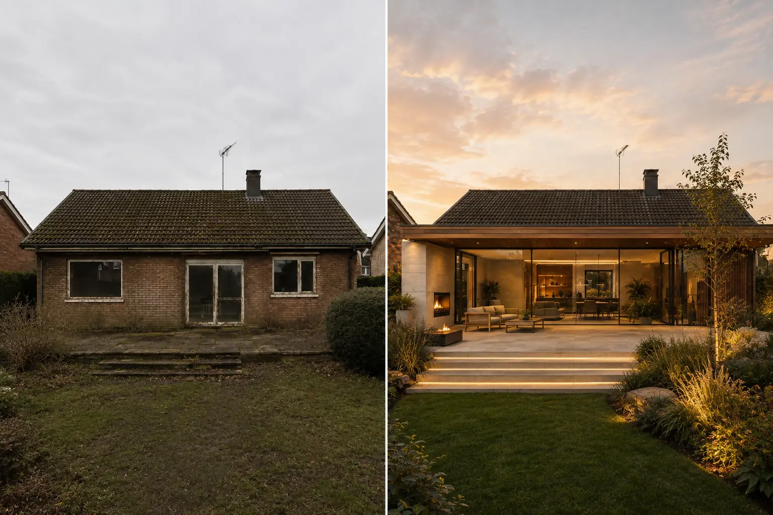 Visualiserad tillbyggnad som öppnar en villa mot trädgården